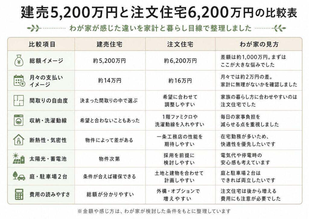 建売住宅5200万円と注文住宅6200万円の費用と暮らしの違いを比較した表