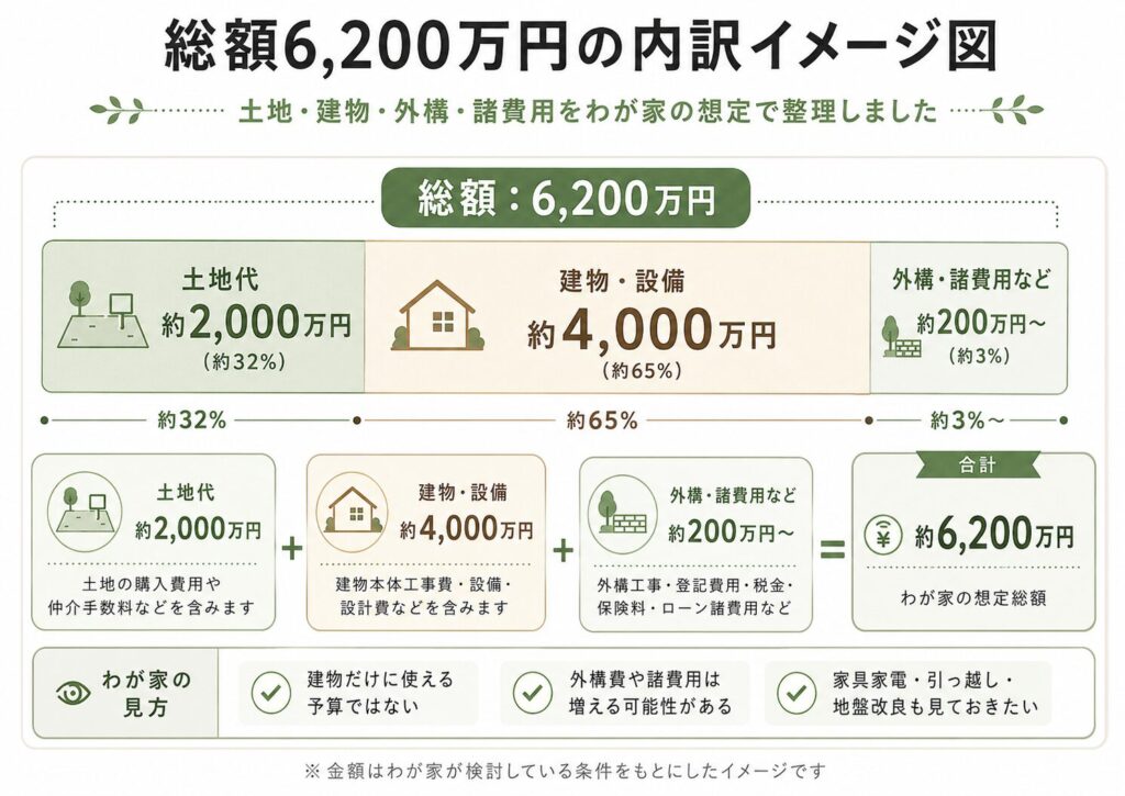 注文住宅6200万円の土地代・建物代・外構費の内訳イメージ