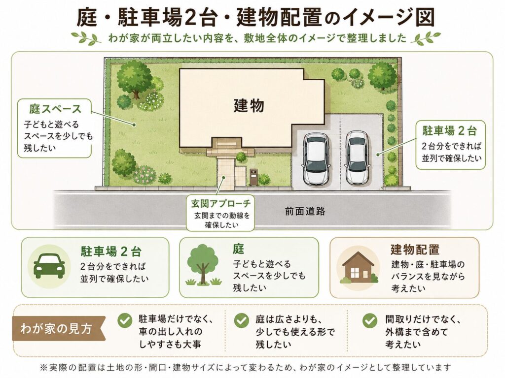 庭、駐車場2台、建物配置のイメージ図