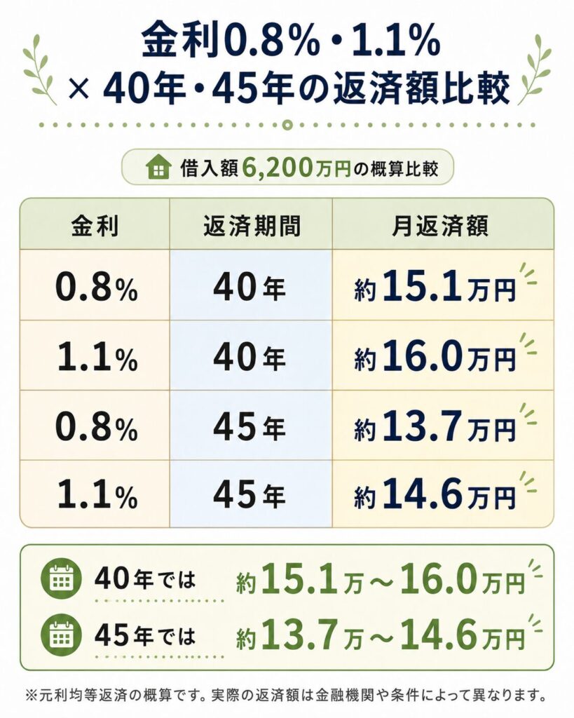 金利0.8%・1.1% × 40年/45年の返済額比較