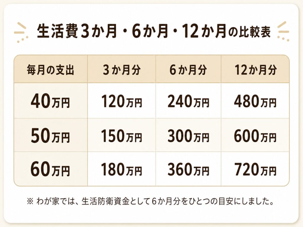 生活費3か月・6か月・12ヶ月の比較表