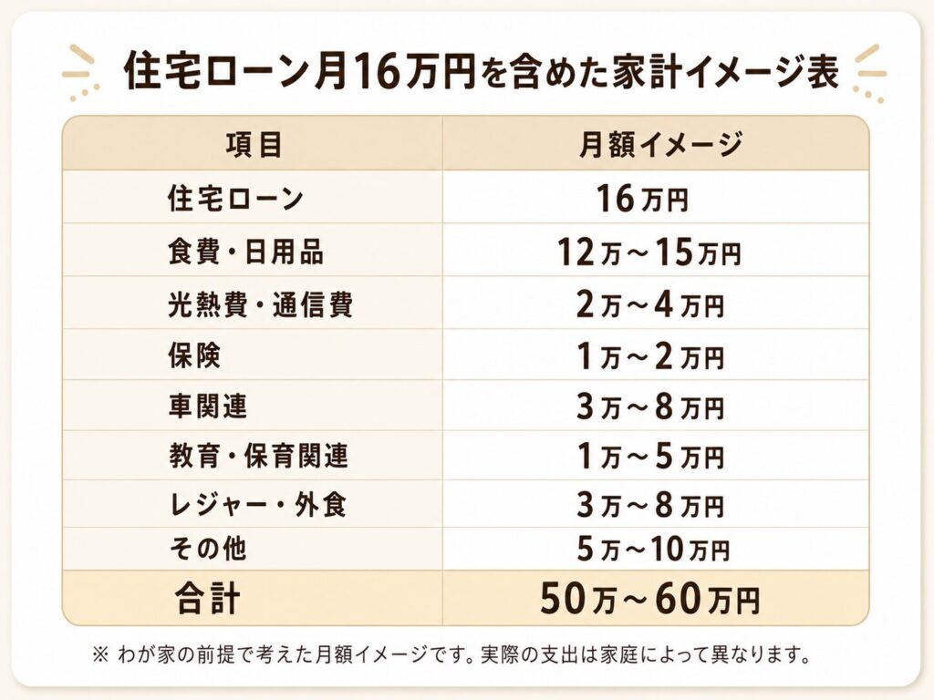住宅ローン月16万円を含めた家計イメージ表