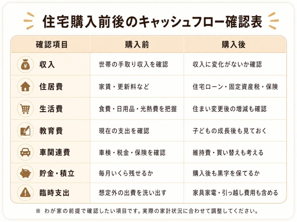 住宅購入前後のキャッシュフロー確認表