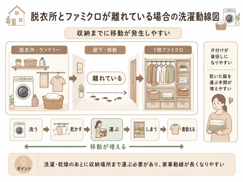 脱衣所とファミクロが離れている場合の洗濯動線図
