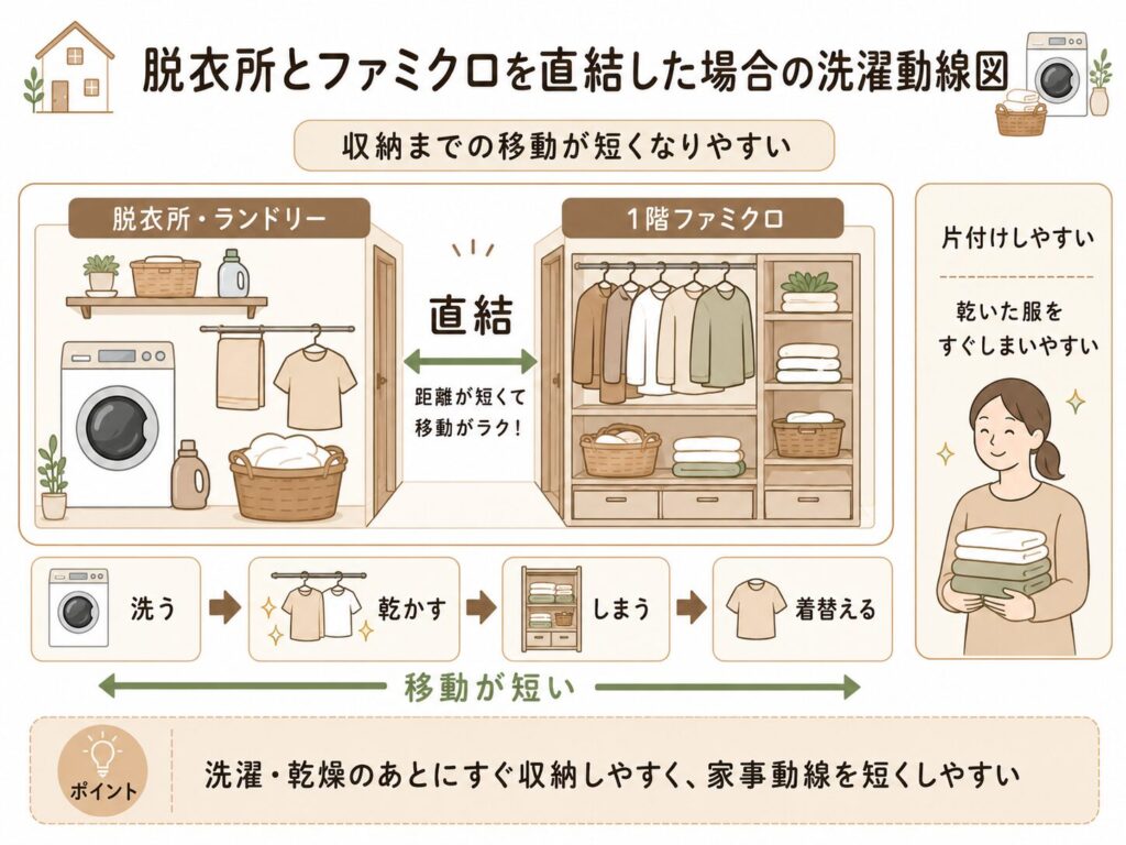 脱衣所とファミクロを直結した場合の洗濯動線図