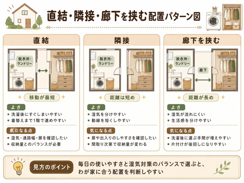 直結・隣接・廊下を挟む配置パターン図