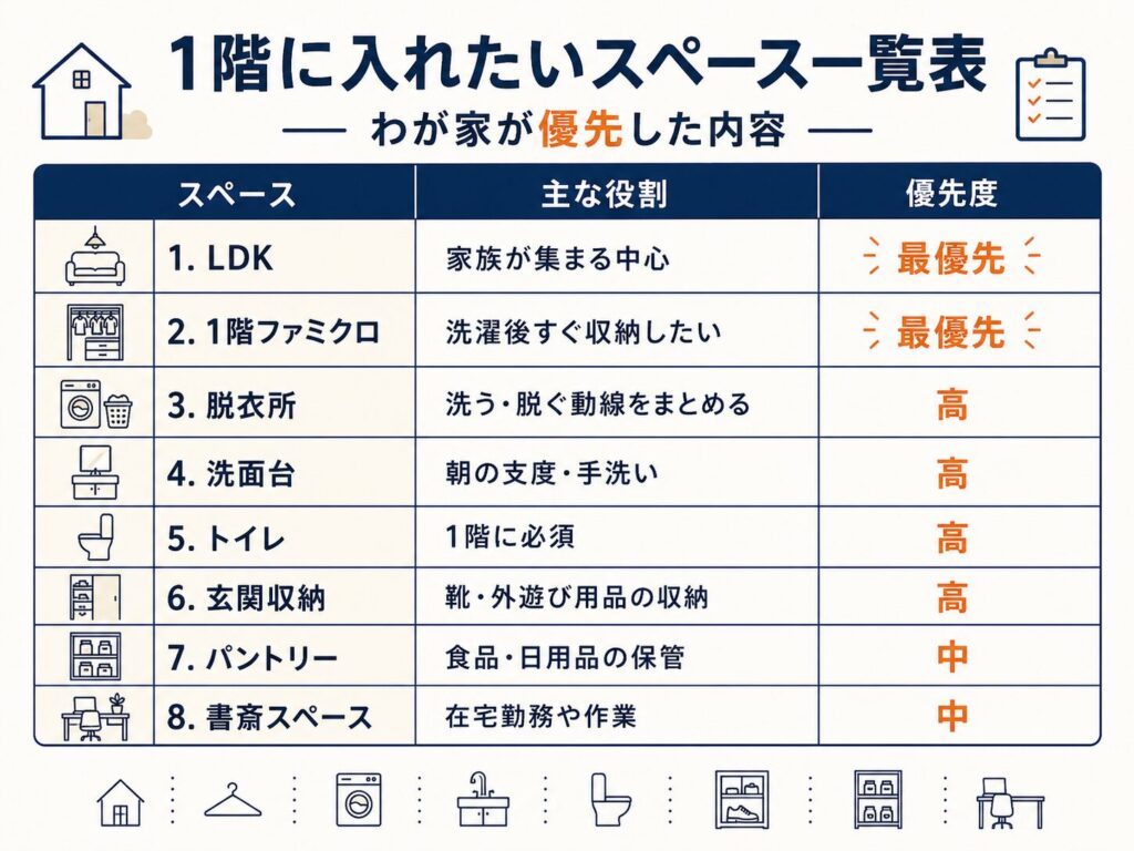 1階に入れたいスペース一覧表