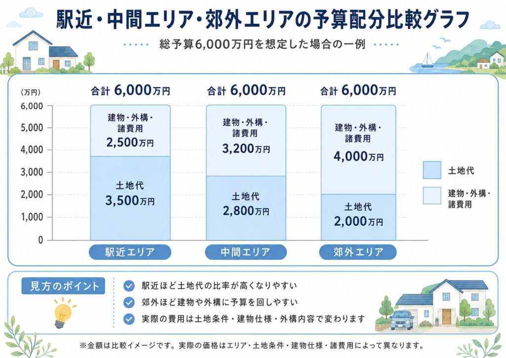 駅近・中間エリア・郊外エリアの予算配分比較グラフ