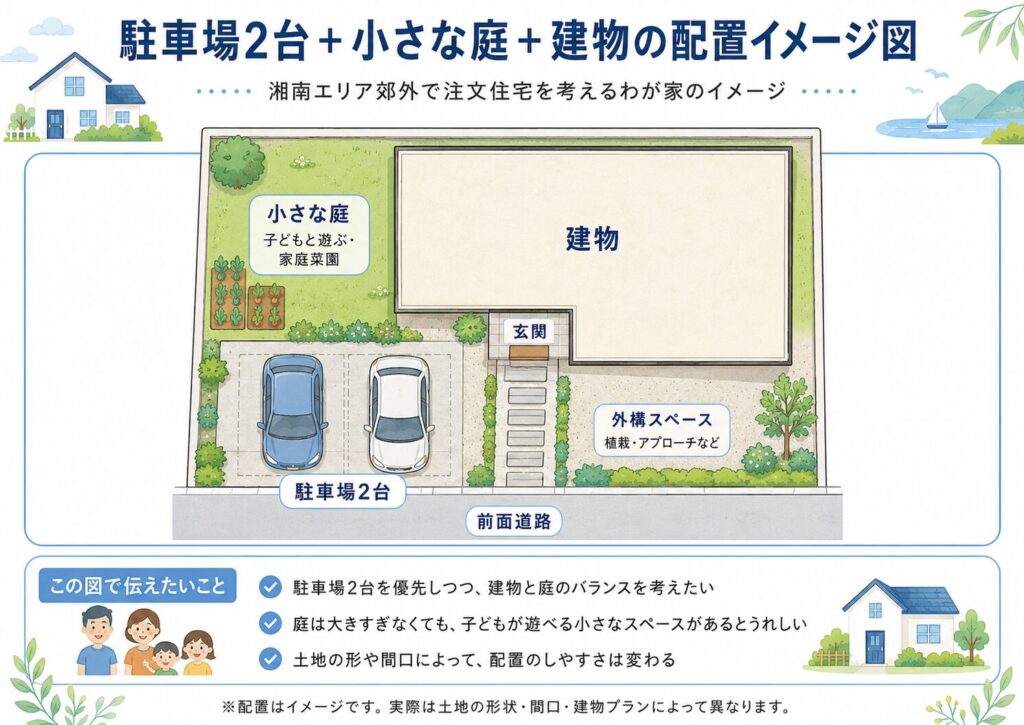 駐車場2台+小さな庭+建物の配置イメージ図