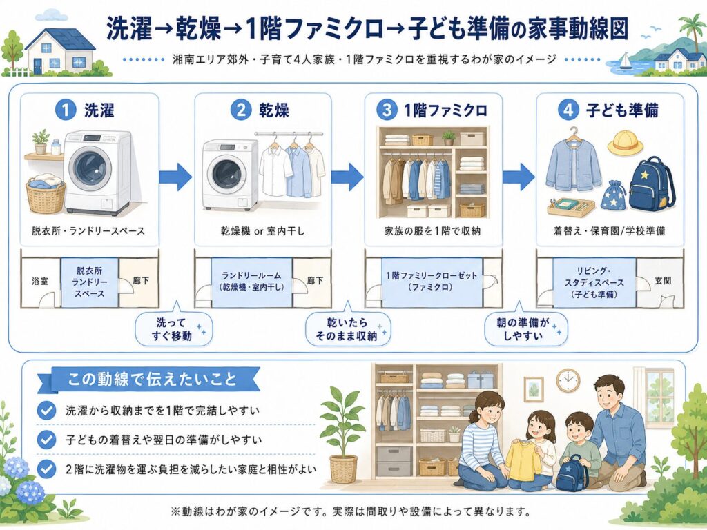 洗濯→乾燥→1階ファミクロ→子供準備の家事動線図