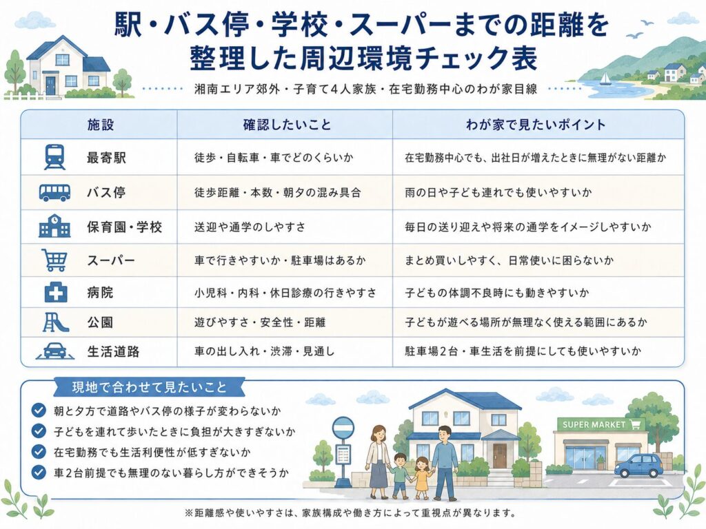 駅・バス停・学校・スーパーまでの距離を整理した周辺環境チェック表