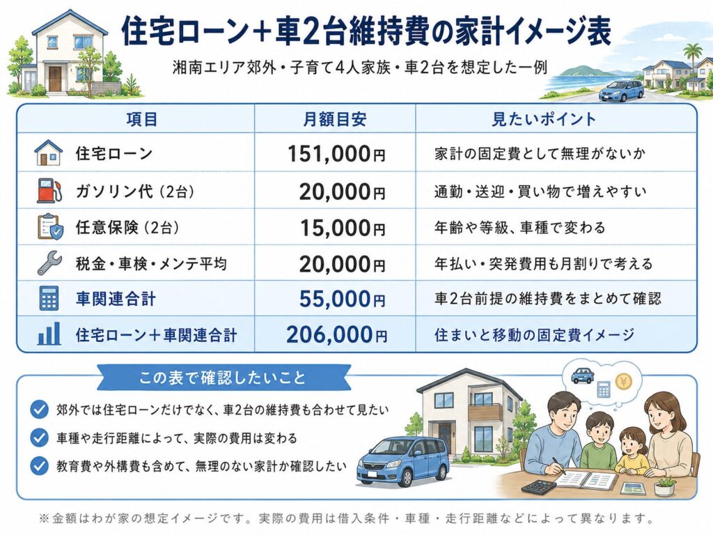 住宅ローン+車2台維持費の家計イメージ表