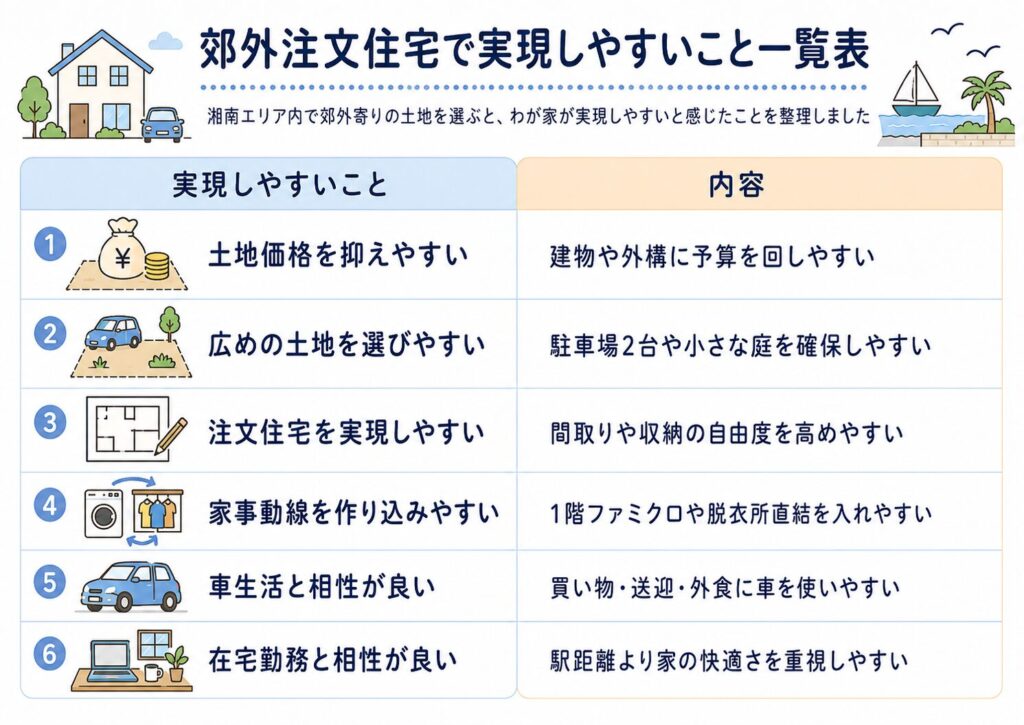 郊外注文住宅で実現しやすいこと一覧表