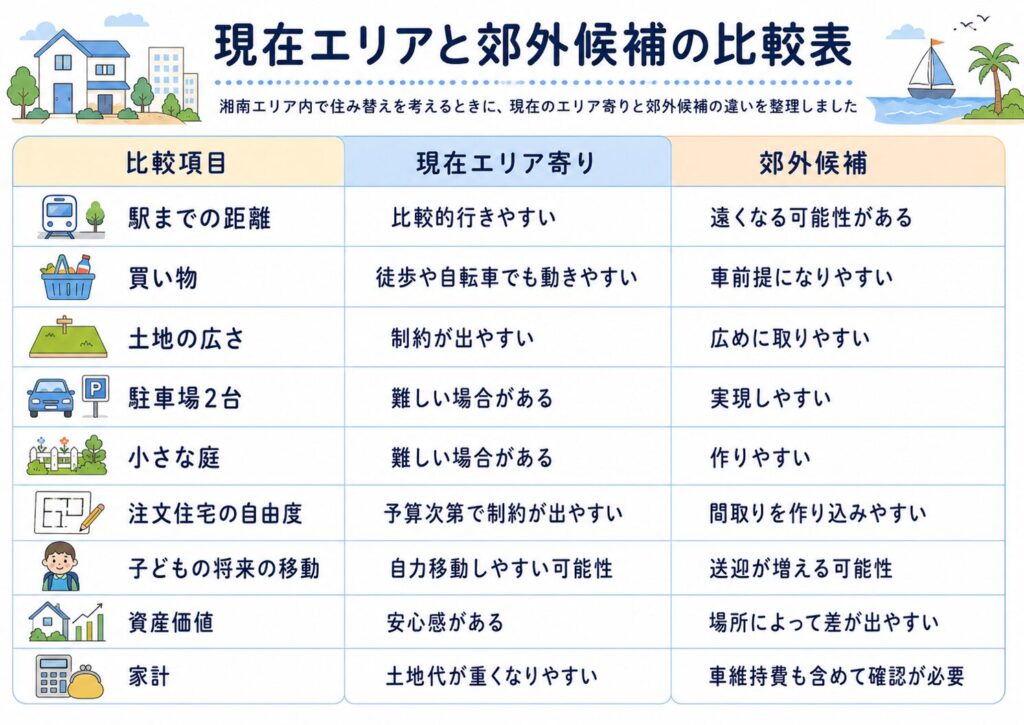 現在エリアと郊外候補の比較表