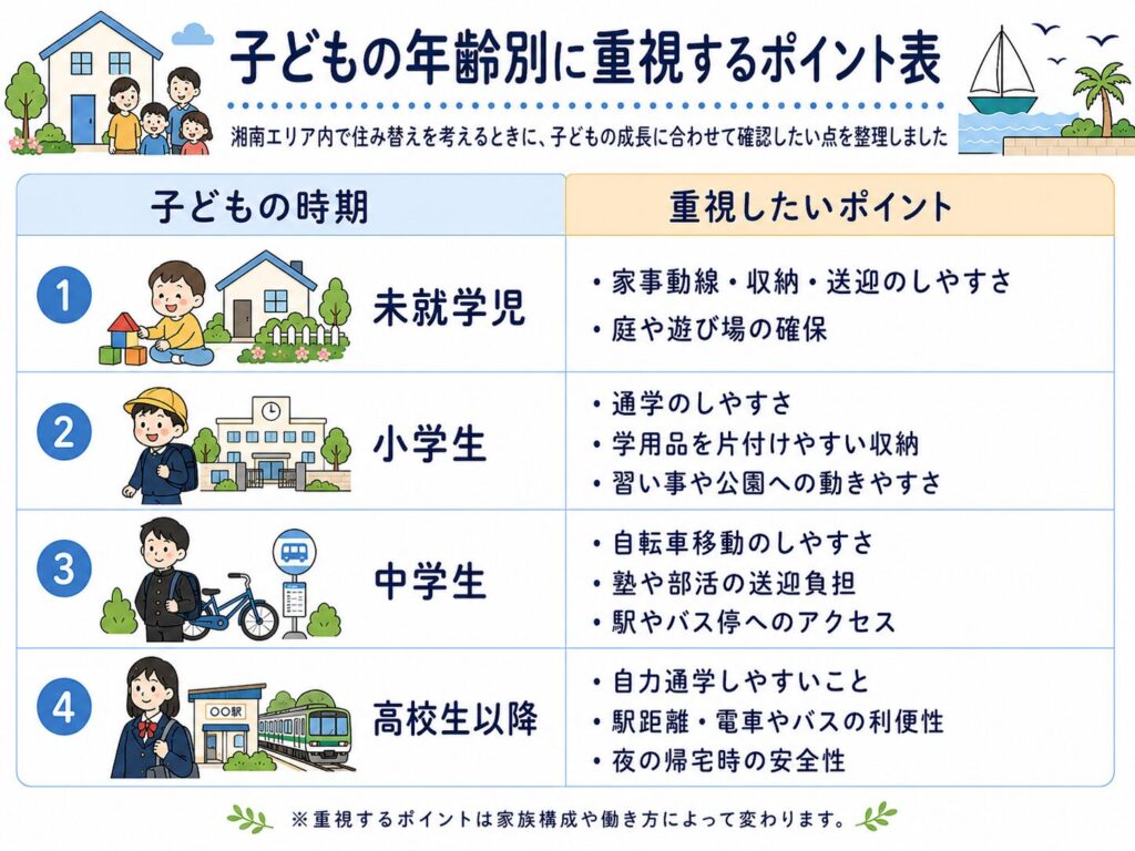 子供の年齢別に重視するポイント表