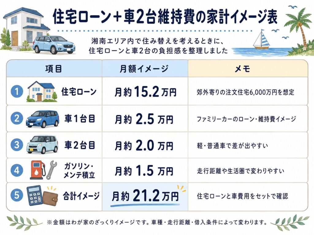 住宅ローン+車2台維持費の家計イメージ表