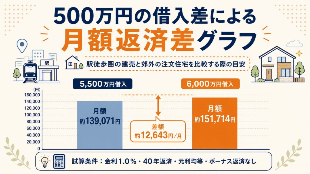 500万円の借入差による月額返済差グラフ