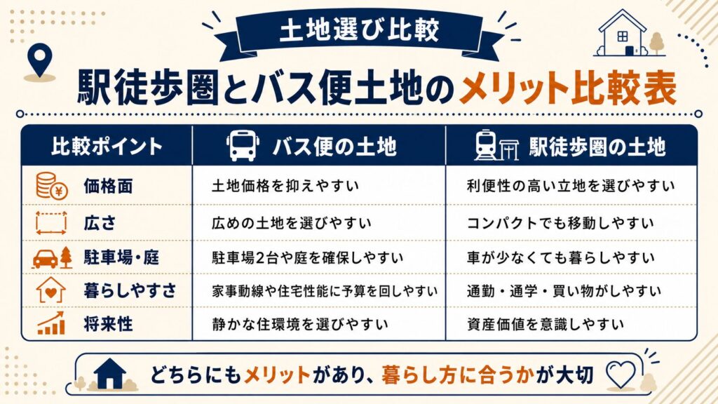 駅徒歩圏とバス便土地のメリット比較表