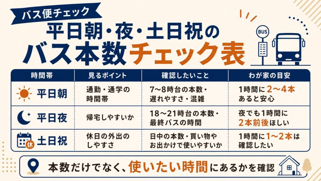 平日朝・夜・土日祝のバス本数チェック表