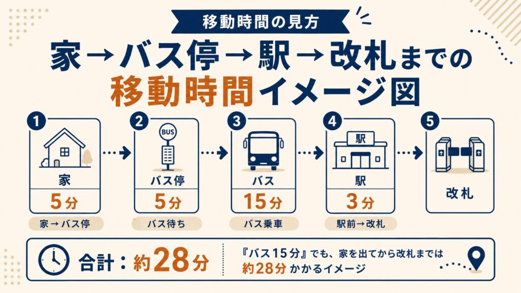 家→バス停→駅→改札までの移動時間イメージ図