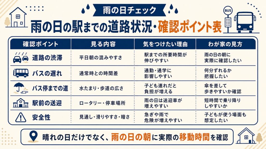 雨の日の駅までの道路状況・確認ポイント表