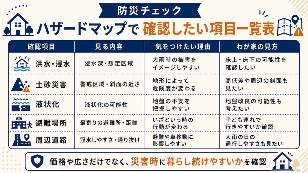 ハザードマップで確認したい項目一覧表