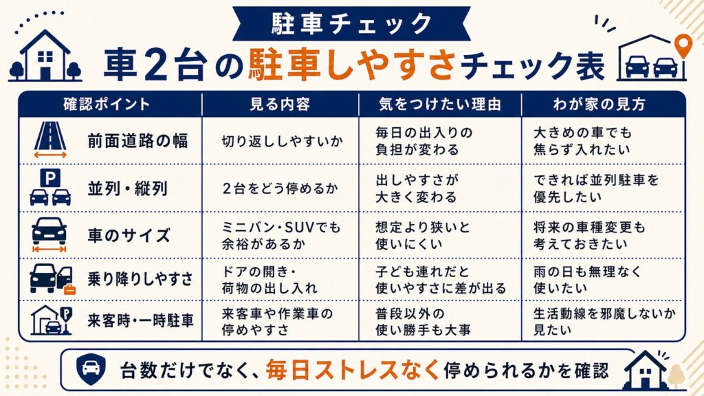 車2台の駐車しやすさチェック表