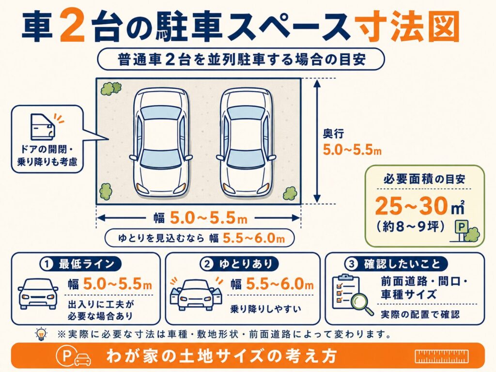 車2台の駐車スペース寸法図