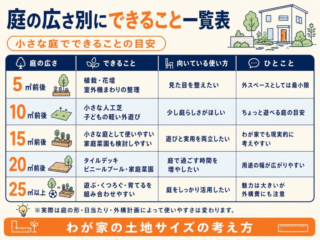 庭の広さ別にできること一覧表