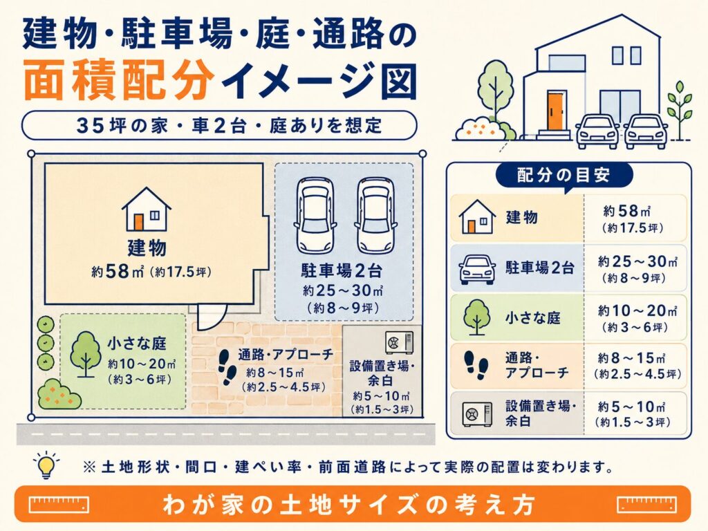 建物・駐車場・庭・通路の面積配分イメージ図