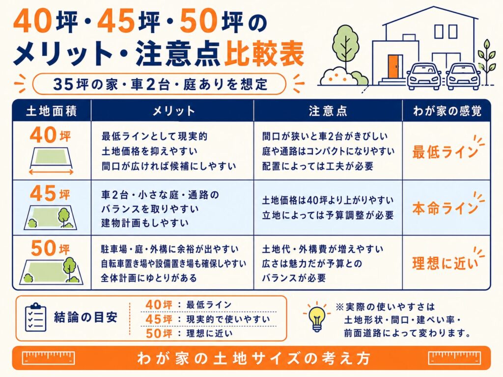 40坪・45坪・50坪のメリット・注意点比較表