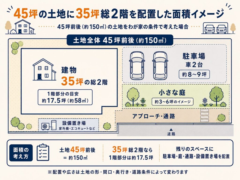 45坪の土地に35坪総2階を配置した面積イメージ