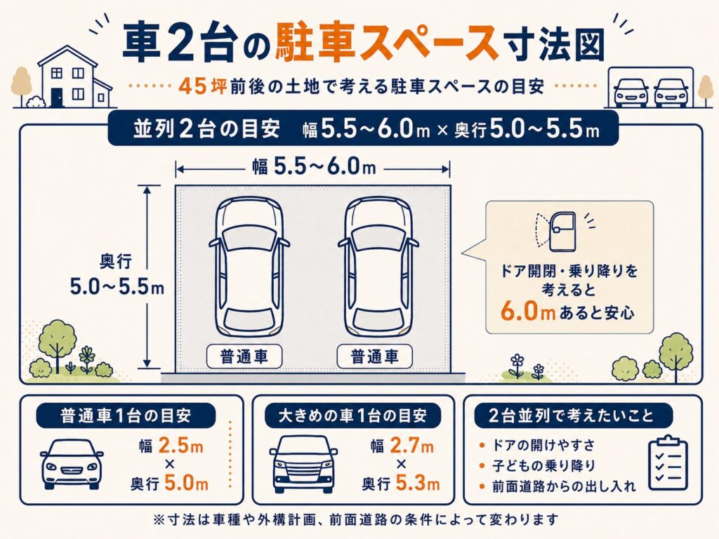 車2台の駐車スペース寸法図