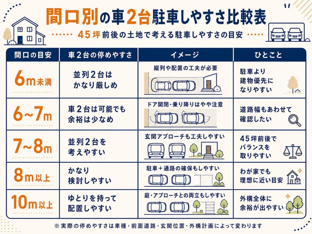 間口別の車2台駐車しやすさ比較表