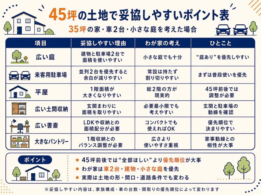 45坪の土地で妥協しやすいポイント表