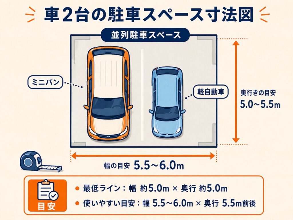 車2台の駐車スペース寸法図