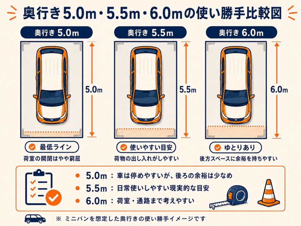 奥行5.0m・5.5m・6.0mの使い勝手比較図
