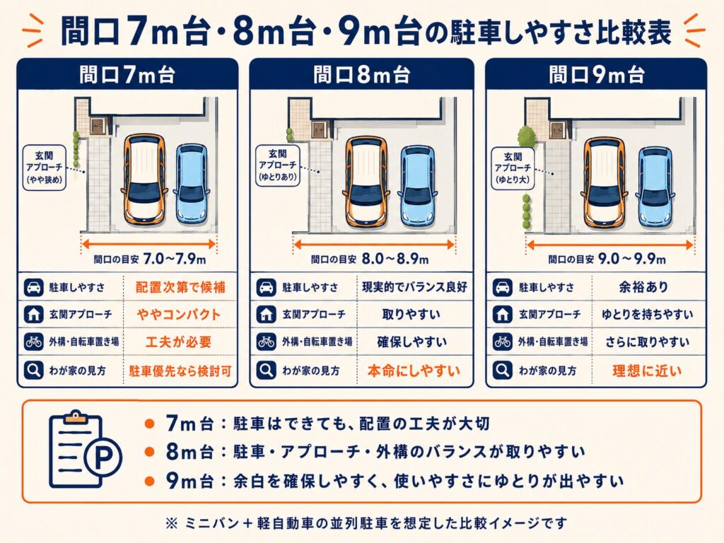 間口7m台・8m台・9m台の駐車しやすや比較表