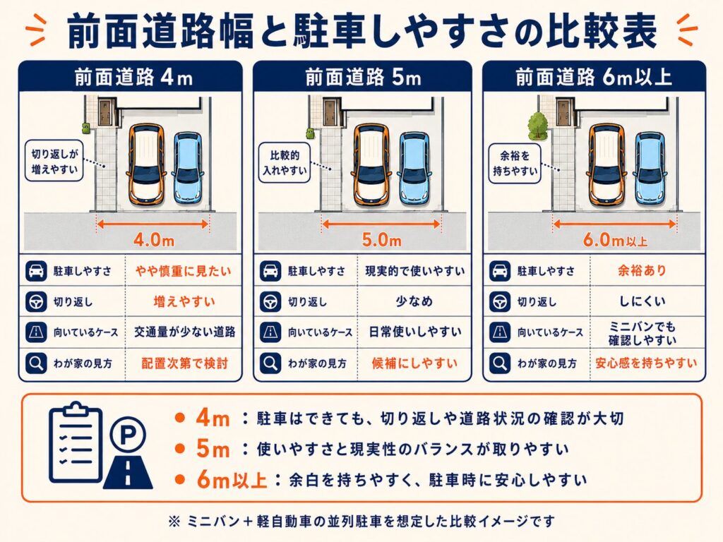 前面道路幅と駐車しやすさの比較表