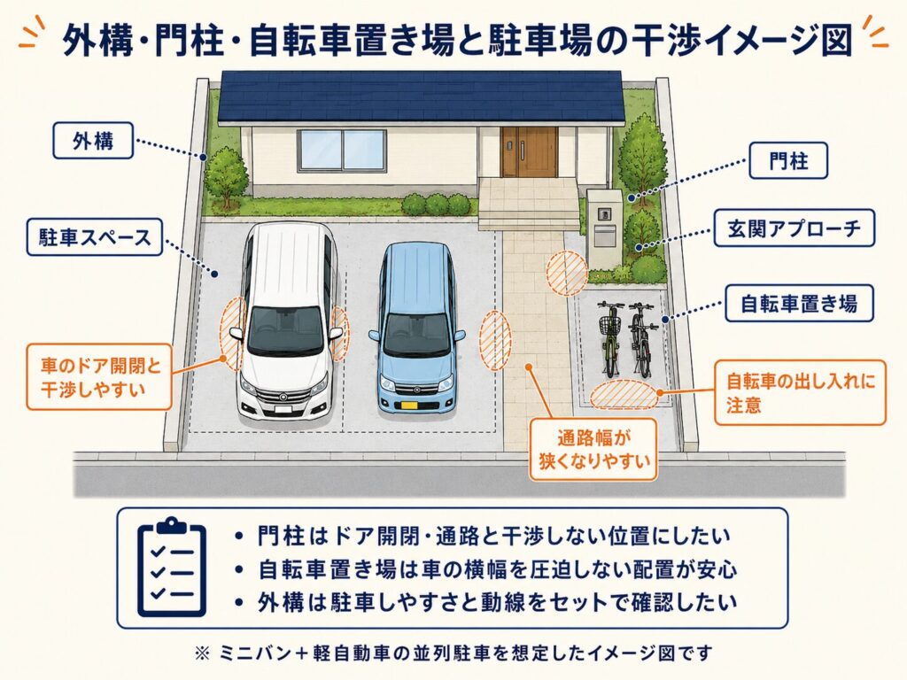 外構・門柱・自転車置き場と駐車場の干渉イメージ図