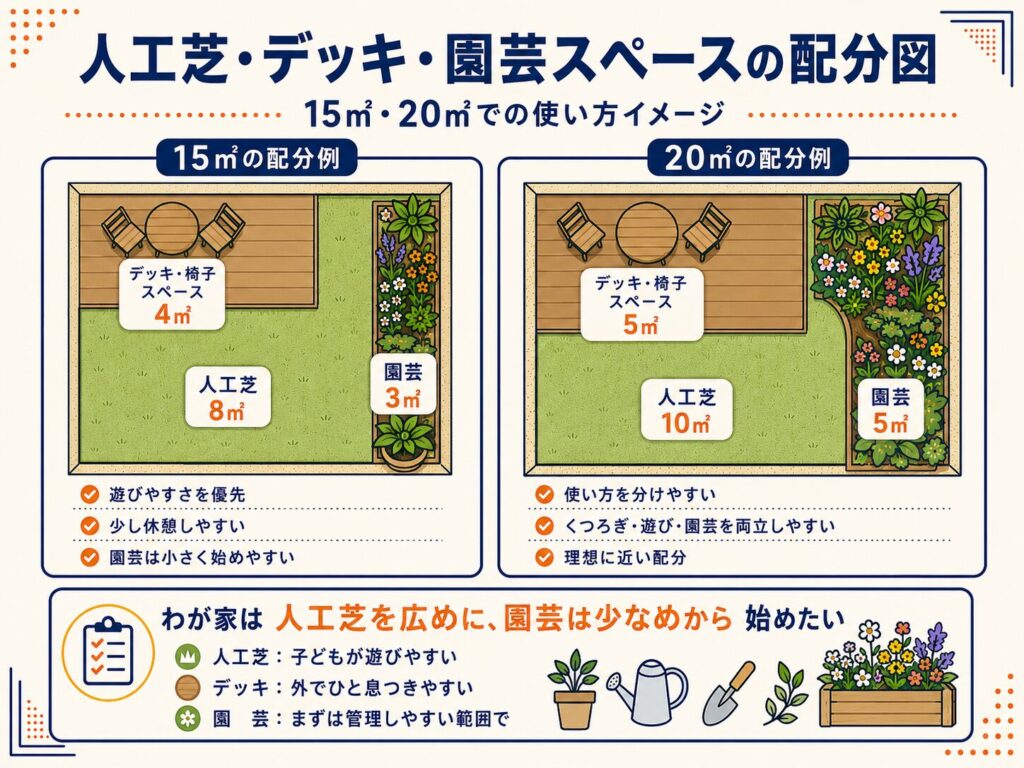 人工芝・デッキ・園芸スペースの配分図