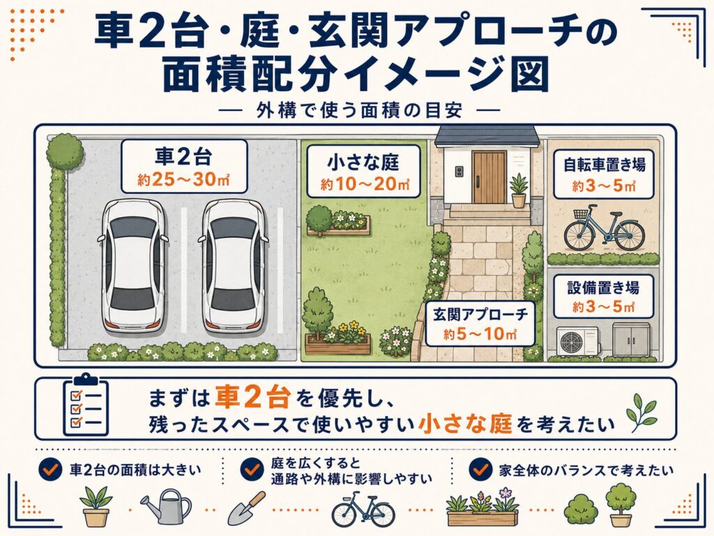 車2台・庭・玄関アプローチの面積配分イメージ図