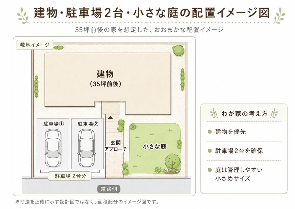 建物・駐車場2台・小さな庭の配置イメージ図