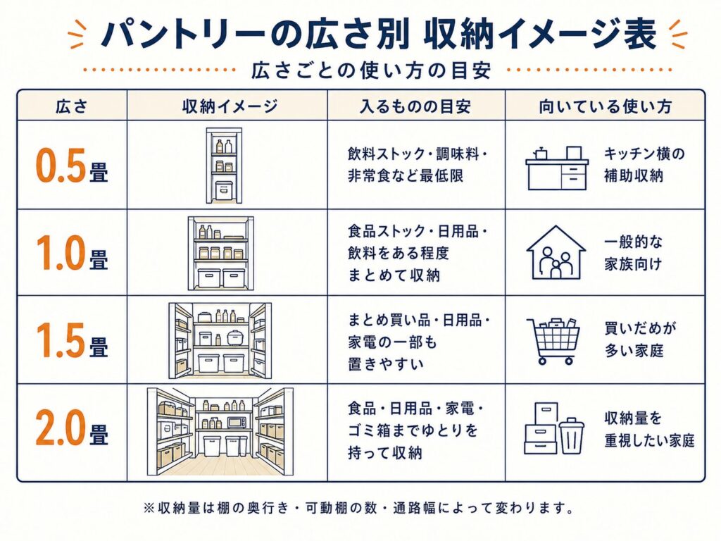 パントリーの広さ別収納イメージ表
