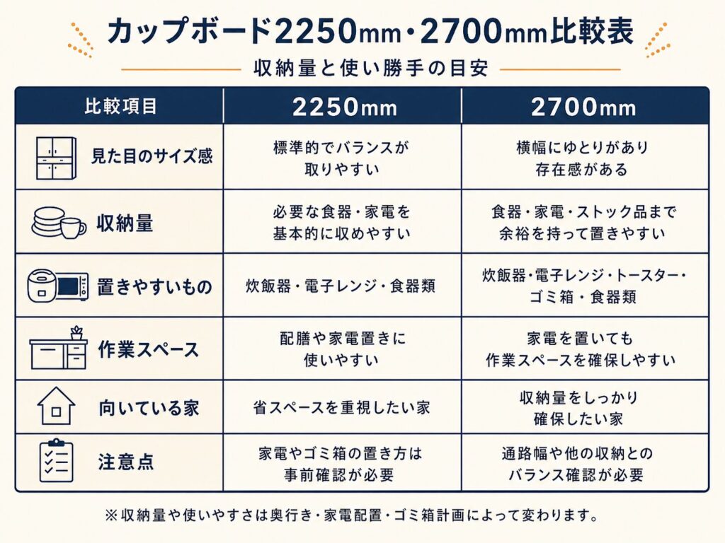 カップボード2250mm・2700mm比較表