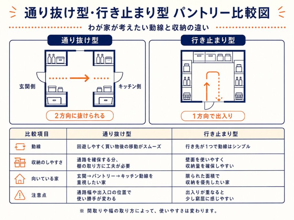 通り抜け型・行き止まり型パントリー比較図