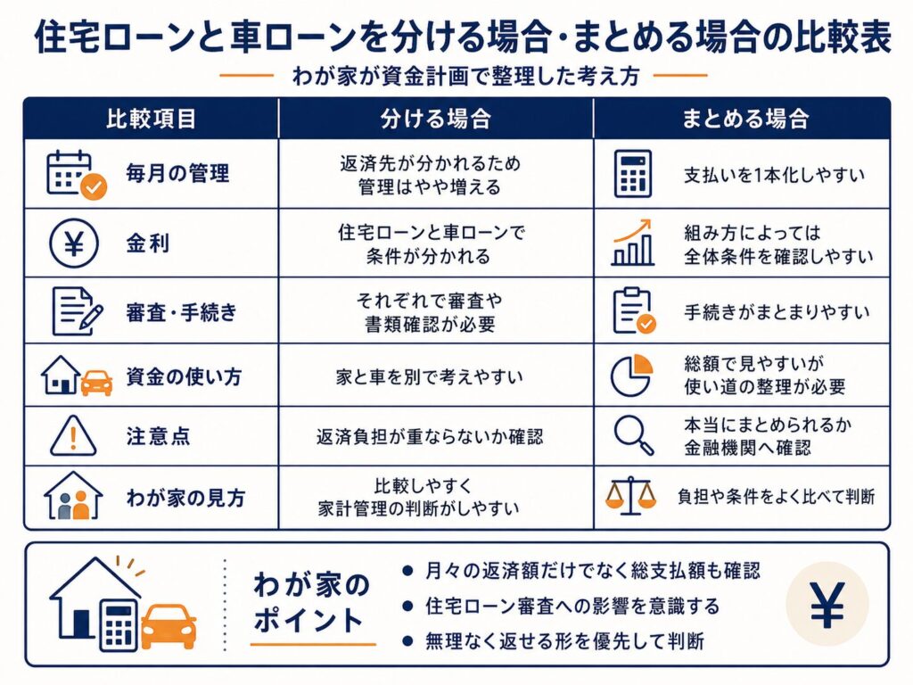 住宅ローンと車ローンを分ける場合・まとめる場合の比較