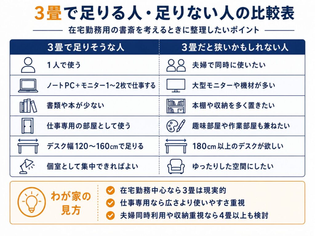 3畳で足りる人・足りない人の比較表