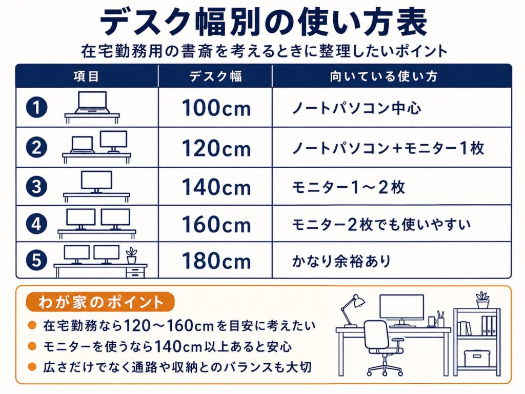 デスク幅別の使い方表
