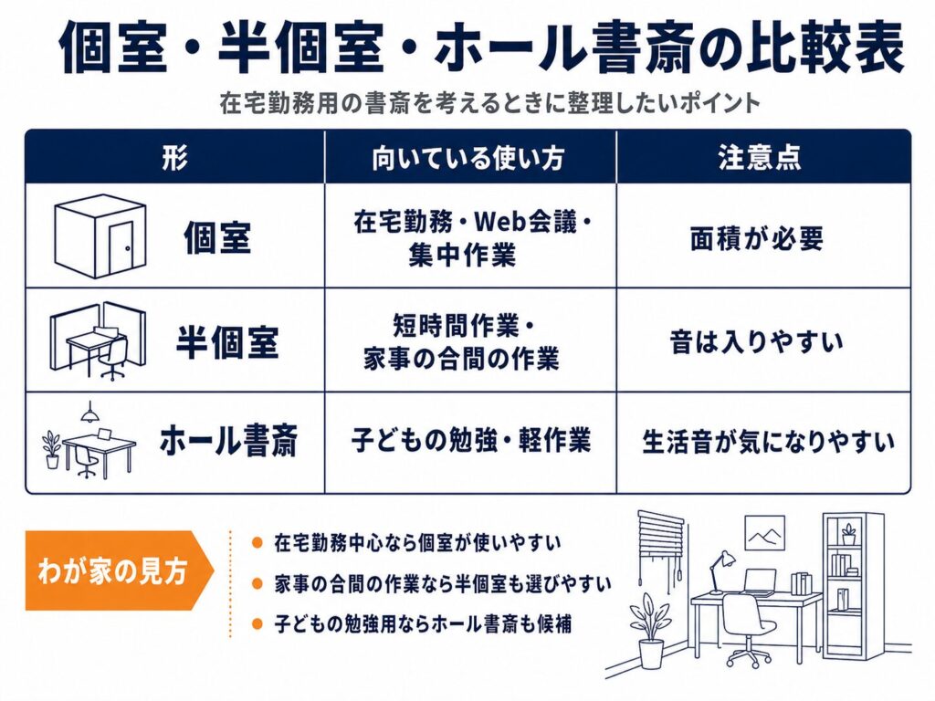 個室・半個室・ホール書斎の比較表